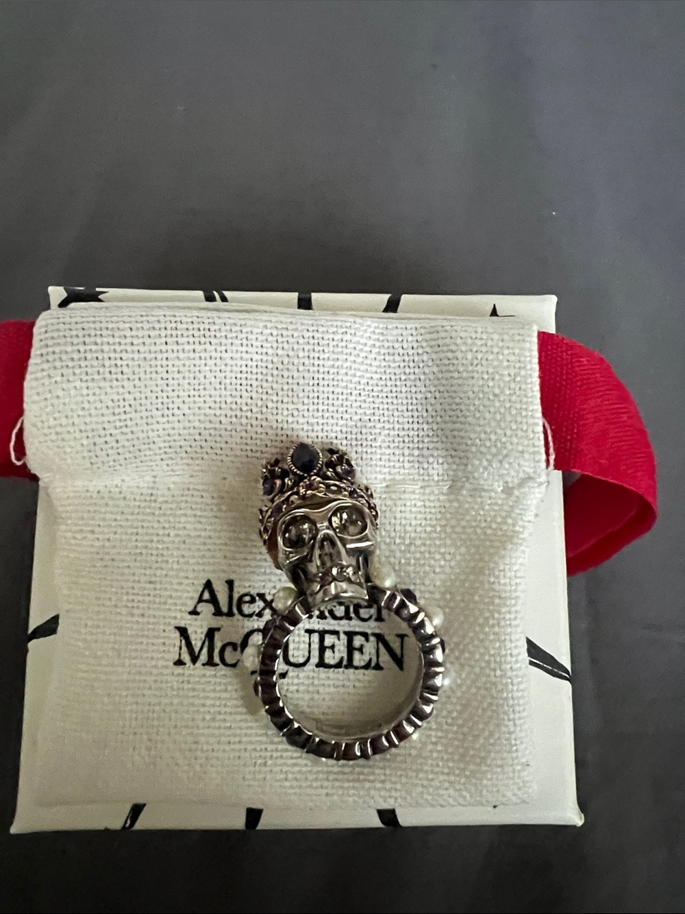 Alexander McQueen Silver Skull Crown Ring with Dark Stone